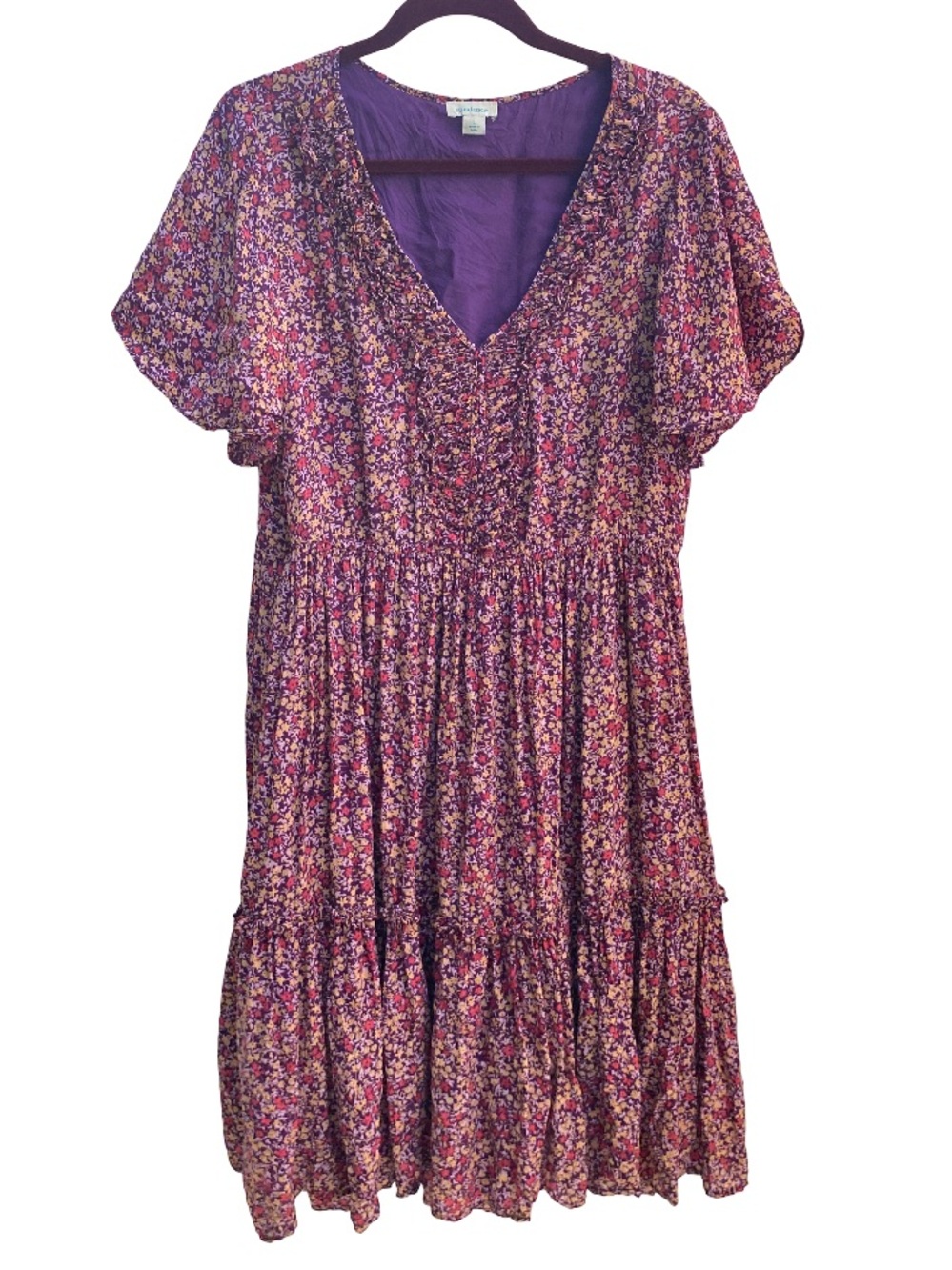 Sundance floral mulberry purple crepe viscose tiered midi dress size large